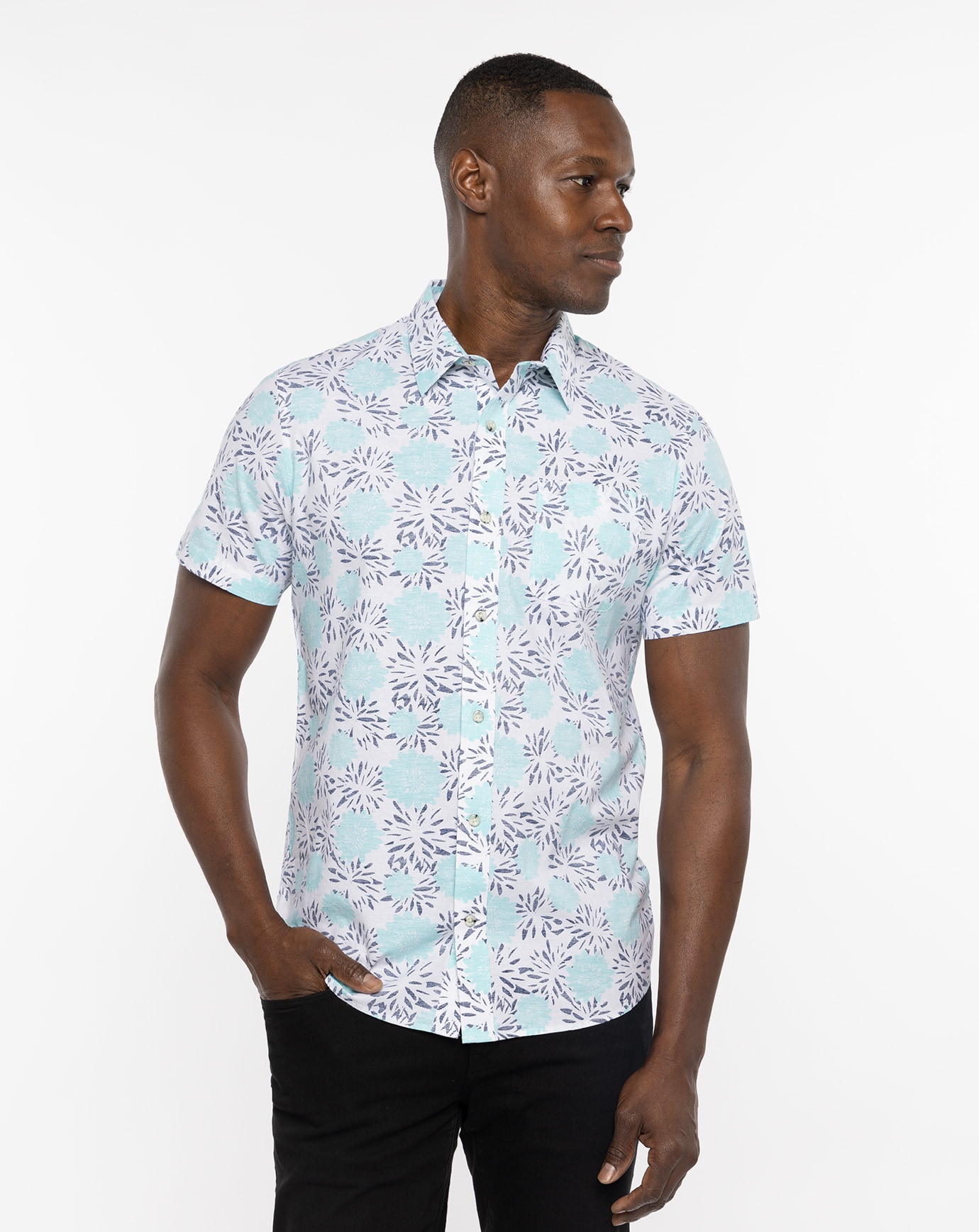 TravisMathew Stylite Short Sleeve Button-Up Shirt in Aqua/White